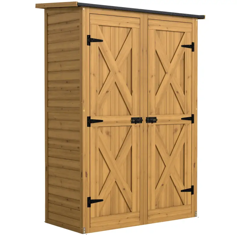 Caseta de Jardín de Madera 115x53x156 cm Armario para Herramientas con Puertas Dobles y Estantes Techo Inclinado Marrón