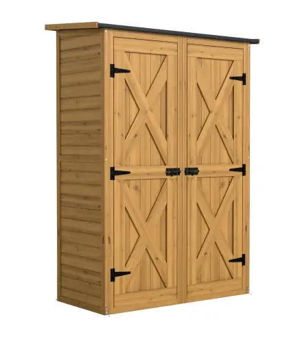 Caseta de Jardín de Madera 115x53x156 cm Armario para Herramientas con Puertas Dobles y Estantes Techo Inclinado Marrón