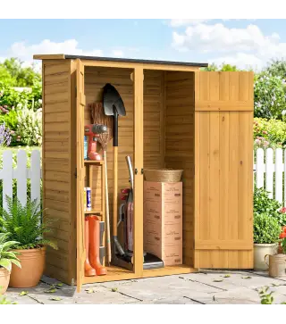 Caseta de Jardín de Madera 115x53x156 cm Armario para Herramientas con Puertas Dobles y Estantes Techo Inclinado Marrón