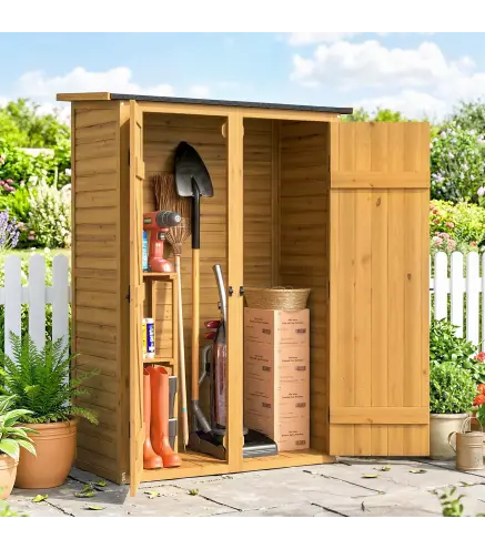 Caseta de Jardín de Madera 115x53x156 cm Armario para Herramientas con Puertas Dobles y Estantes Techo Inclinado Marrón