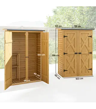 Caseta de Jardín de Madera 115x53x156 cm Armario para Herramientas con Puertas Dobles y Estantes Techo Inclinado Marrón