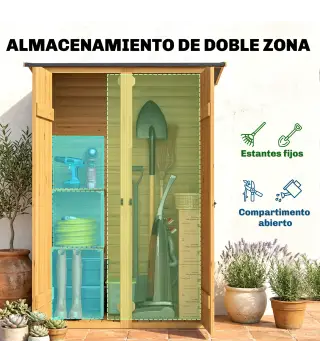 Caseta de Jardín de Madera 115x53x156 cm Armario para Herramientas con Puertas Dobles y Estantes Techo Inclinado Marrón