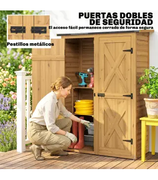 Caseta de Jardín de Madera 115x53x156 cm Armario para Herramientas con Puertas Dobles y Estantes Techo Inclinado Marrón