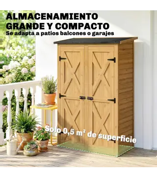 Caseta de Jardín de Madera 115x53x156 cm Armario para Herramientas con Puertas Dobles y Estantes Techo Inclinado Marrón