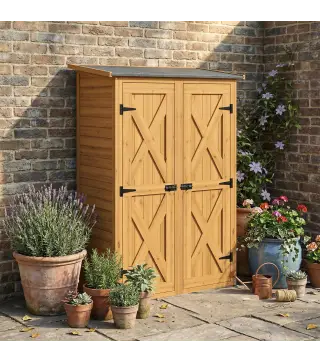 Caseta de Jardín de Madera 115x53x156 cm Armario para Herramientas con Puertas Dobles y Estantes Techo Inclinado Marrón