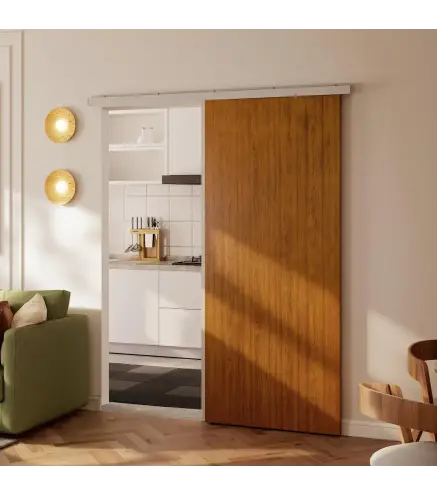 Puerta Corredera con Herrajes 90x210 cm con Rodillo Riel de Aluminio Guía de Suelo Marrón