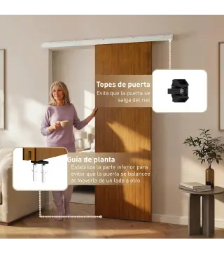 Puerta Corredera con Herrajes 90x210 cm con Rodillo Riel de Aluminio Guía de Suelo Marrón