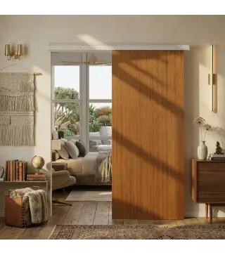 Puerta Corredera con Herrajes 90x210 cm con Rodillo Riel de Aluminio Guía de Suelo Marrón