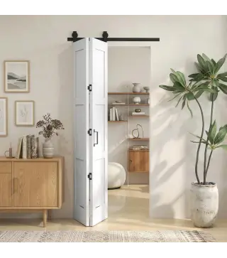 Puerta Corredera Plegable con Herrajes 91,4x213,4 cm con Rodillo Riel de Acero Guía de Suelo Manija Blanco