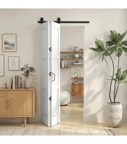 Puerta Corredera Plegable con Herrajes 91,4x213,4 cm con Rodillo Riel de Acero Guía de Suelo Manija Blanco