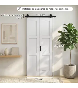 Puerta Corredera Plegable con Herrajes 91,4x213,4 cm con Rodillo Riel de Acero Guía de Suelo Manija Blanco