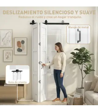 Puerta Corredera Plegable con Herrajes 91,4x213,4 cm con Rodillo Riel de Acero Guía de Suelo Manija Blanco