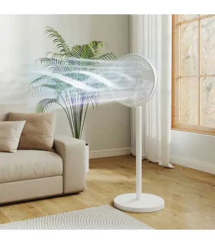 Ventilador de Pie con Control Remoto Altura Ajustable 4 Velocidades Oscilación 80° Temporizador 10H Pantalla LED Blanco