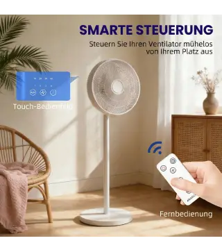 Ventilador de Pie con Control Remoto Altura Ajustable 4 Velocidades Oscilación 80° Temporizador 10H Pantalla LED Blanco