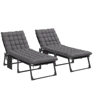Set de 2 Tumbonas Plegables con Reposacabezas Cojines Bolsillo Lateral y Respaldo Reclinable 5 Posiciones Gris Oscuro