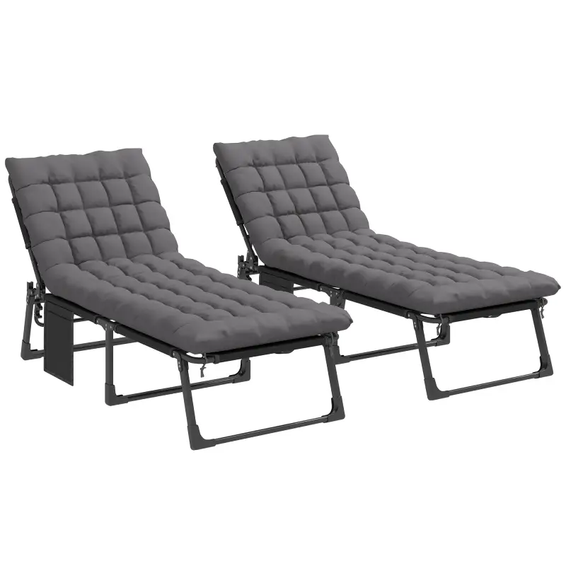 Set de 2 Tumbonas Plegables con Reposacabezas Cojines Bolsillo Lateral y Respaldo Reclinable 5 Posiciones Gris Oscuro
