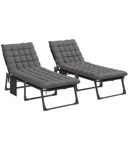 Set de 2 Tumbonas Plegables con Reposacabezas Cojines Bolsillo Lateral y Respaldo Reclinable 5 Posiciones Gris Oscuro