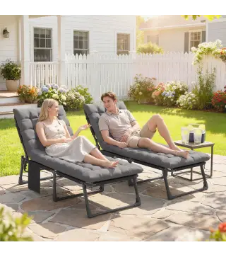 Set de 2 Tumbonas Plegables con Reposacabezas Cojines Bolsillo Lateral y Respaldo Reclinable 5 Posiciones Gris Oscuro