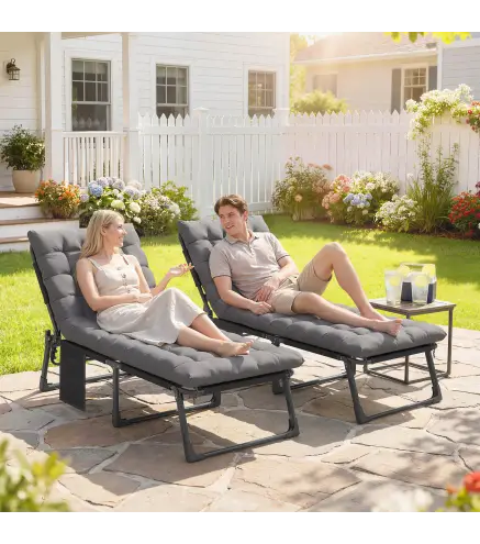 Set de 2 Tumbonas Plegables con Reposacabezas Cojines Bolsillo Lateral y Respaldo Reclinable 5 Posiciones Gris Oscuro