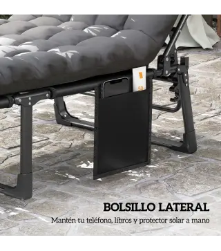 Set de 2 Tumbonas Plegables con Reposacabezas Cojines Bolsillo Lateral y Respaldo Reclinable 5 Posiciones Gris Oscuro