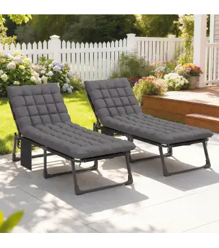 Set de 2 Tumbonas Plegables con Reposacabezas Cojines Bolsillo Lateral y Respaldo Reclinable 5 Posiciones Gris Oscuro