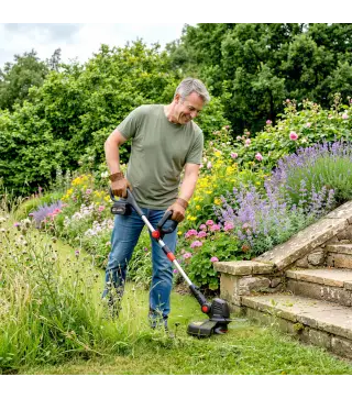 Desbrozadora Batería 18V con 2 Baterías de 4.0Ah y Cargador Barra Ajustable Cabezal y Mango Regulables Plateado