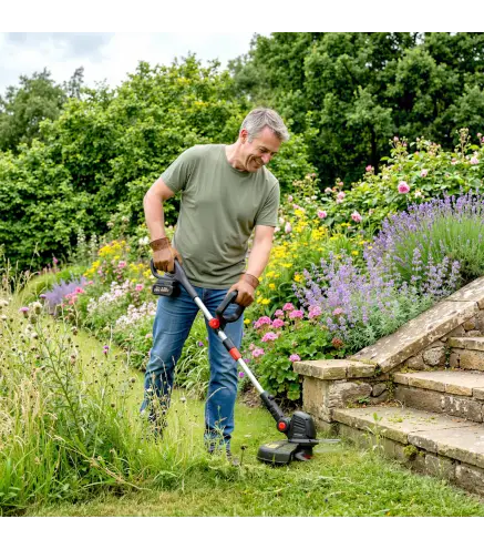 Desbrozadora Batería 18V con 2 Baterías de 4.0Ah y Cargador Barra Ajustable Cabezal y Mango Regulables Plateado