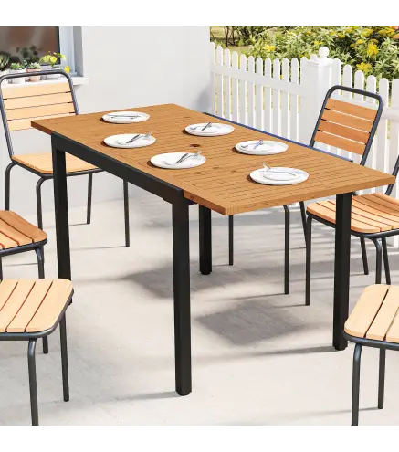 Mesa de Jardín Extensible 100/150x70 cm de Madera y Metal con Agujero para Sombrilla para 4-6 Personas Teca