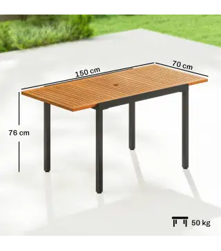 Mesa de Jardín Extensible 100/150x70 cm de Madera y Metal con Agujero para Sombrilla para 4-6 Personas Teca