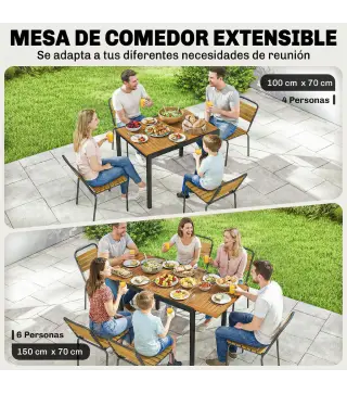 Mesa de Jardín Extensible 100/150x70 cm de Madera y Metal con Agujero para Sombrilla para 4-6 Personas Teca