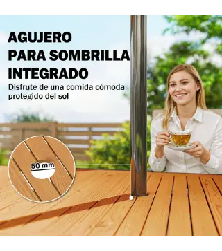 Mesa de Jardín Extensible 100/150x70 cm de Madera y Metal con Agujero para Sombrilla para 4-6 Personas Teca