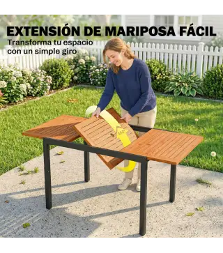 Mesa de Jardín Extensible 100/150x70 cm de Madera y Metal con Agujero para Sombrilla para 4-6 Personas Teca
