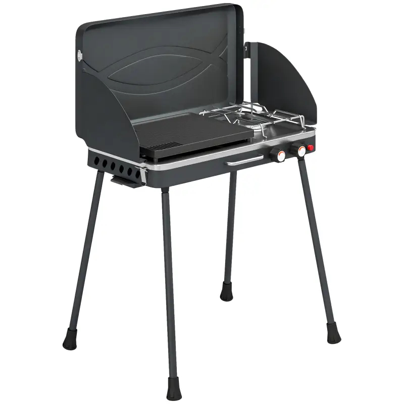 Barbacoa de Gas Portátil 2 en 1 Propano 7 kW de Mesa o de Pie con Plancha Grande Patas Desmontables Negro