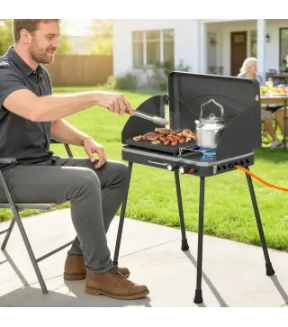 Barbacoa de Gas Portátil 2 en 1 Propano 7 kW de Mesa o de Pie con Plancha Grande Patas Desmontables Negro