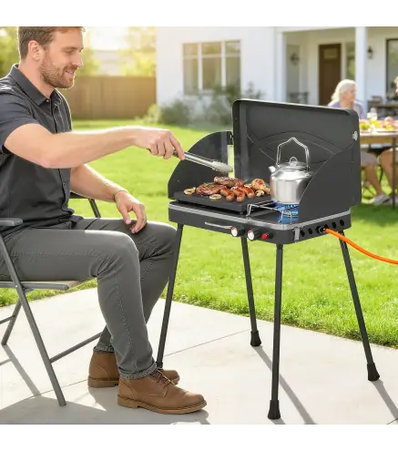 Barbacoa de Gas Portátil 2 en 1 Propano 7 kW de Mesa o de Pie con Plancha Grande Patas Desmontables Negro