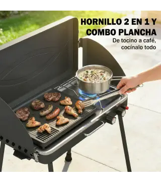 Barbacoa de Gas Portátil 2 en 1 Propano 7 kW de Mesa o de Pie con Plancha Grande Patas Desmontables Negro