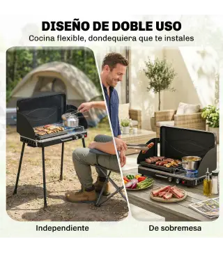 Barbacoa de Gas Portátil 2 en 1 Propano 7 kW de Mesa o de Pie con Plancha Grande Patas Desmontables Negro