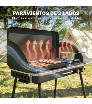 Barbacoa de Gas Portátil 2 en 1 Propano 7 kW de Mesa o de Pie con Plancha Grande Patas Desmontables Negro