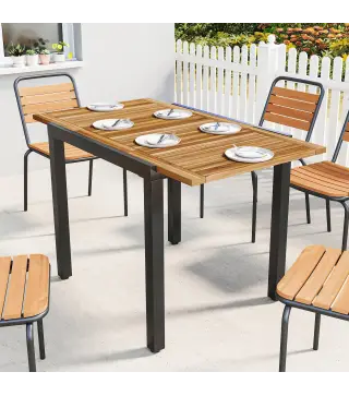 Mesa de Jardín Extensible 120/80x70 cm Estructura de Acero y Tablero de Madera de Acacia para 4-6 Personas Natural