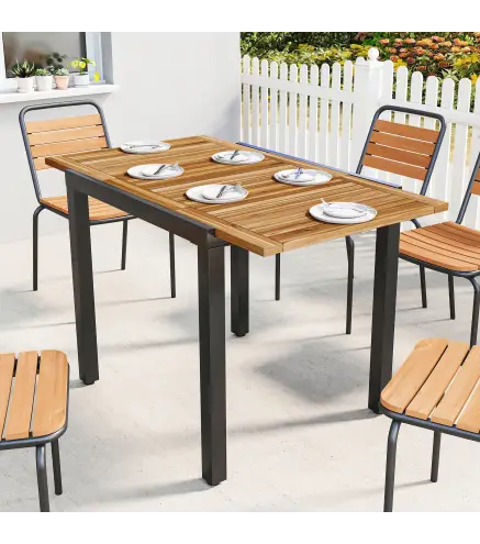 Mesa de Jardín Extensible 120/80x70 cm Estructura de Acero y Tablero de Madera de Acacia para 4-6 Personas Natural