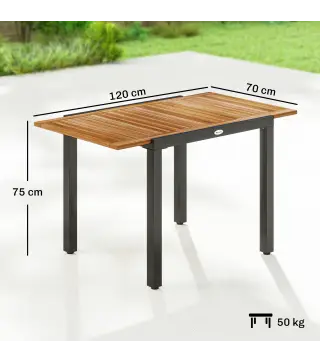 Mesa de Jardín Extensible 120/80x70 cm Estructura de Acero y Tablero de Madera de Acacia para 4-6 Personas Natural
