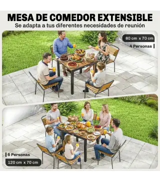 Mesa de Jardín Extensible 120/80x70 cm Estructura de Acero y Tablero de Madera de Acacia para 4-6 Personas Natural