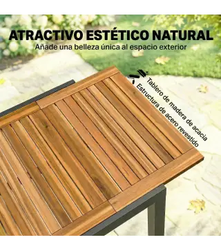 Mesa de Jardín Extensible 120/80x70 cm Estructura de Acero y Tablero de Madera de Acacia para 4-6 Personas Natural