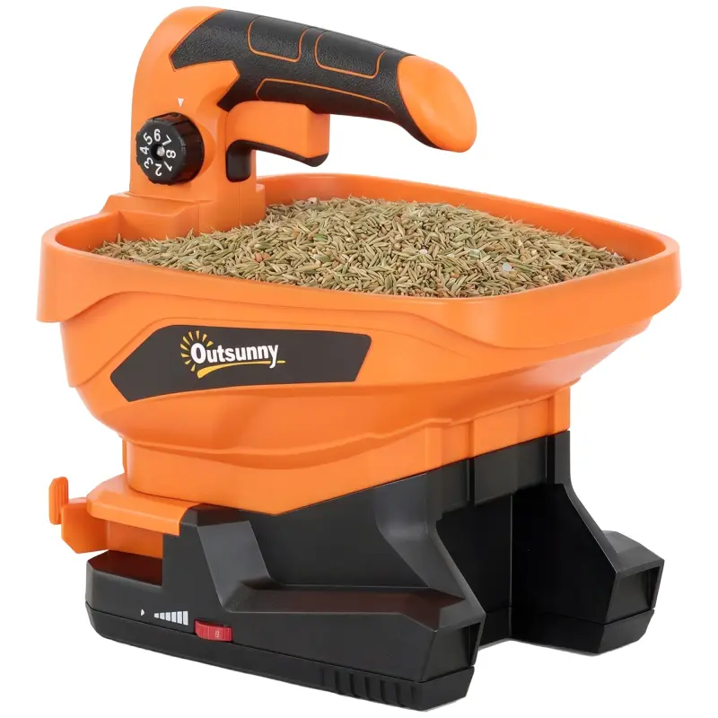 Esparcidor Portátil 3,3 L 8 Niveles de Flujo Ancho Dispersión Ajustable Puerto USB para Césped Sal hasta 800 m² Naranja