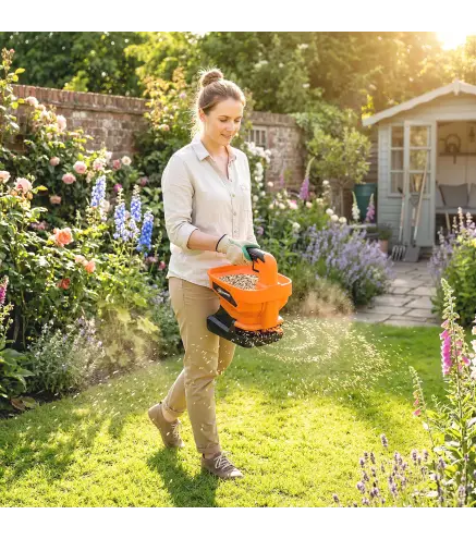 Esparcidor Portátil 3,3 L 8 Niveles de Flujo Ancho Dispersión Ajustable Puerto USB para Césped Sal hasta 800 m² Naranja