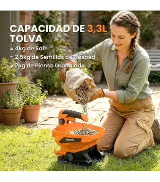 Esparcidor Portátil 3,3 L 8 Niveles de Flujo Ancho Dispersión Ajustable Puerto USB para Césped Sal hasta 800 m² Naranja