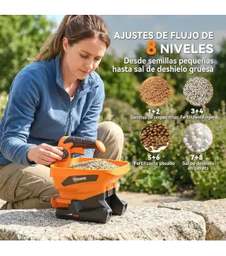 Esparcidor Portátil 3,3 L 8 Niveles de Flujo Ancho Dispersión Ajustable Puerto USB para Césped Sal hasta 800 m² Naranja