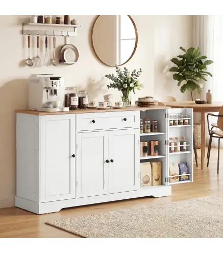 Aparador de Cocina con Cajón Estantes en las Puertas Estantes Ajustables Barra de Café 138x40x83,5 cm Blanco