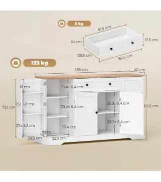Aparador de Cocina con Cajón Estantes en las Puertas Estantes Ajustables Barra de Café 138x40x83,5 cm Blanco