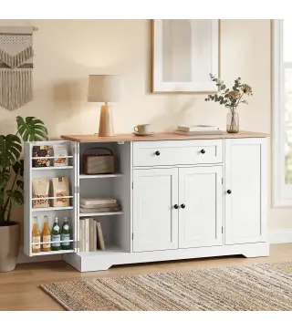 Aparador de Cocina con Cajón Estantes en las Puertas Estantes Ajustables Barra de Café 138x40x83,5 cm Blanco